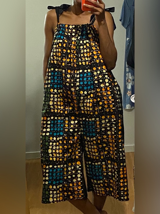 Handmade Pants - African Ankara Print Wide Leg Capri Jumpsuit with solid black back. Summer Vibe